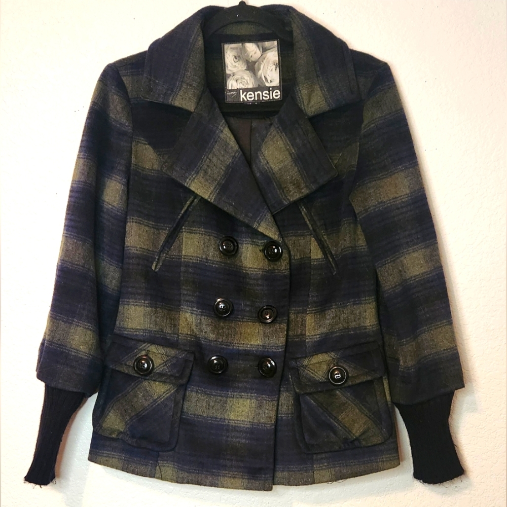 Kensie Green and Blue Plaid‎ Double-Breasted Wool Blend Peacoat, Size Small